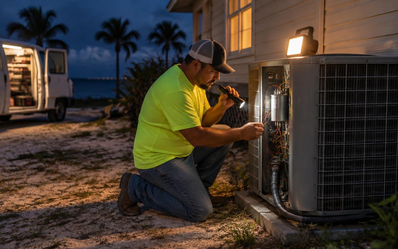 Shellaby technician servicing an air conditioning unit with a work light after dark